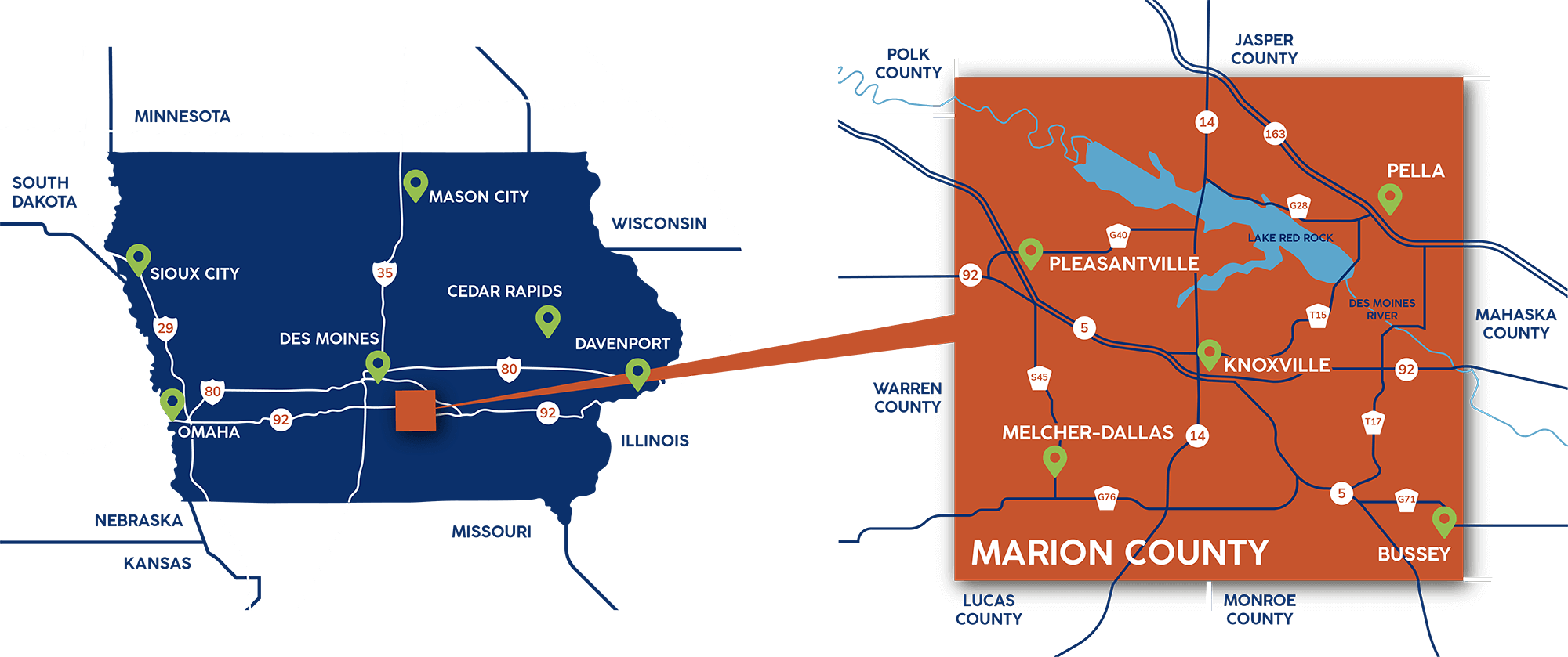 Map of Marion County in context to Iowa and major freeways.